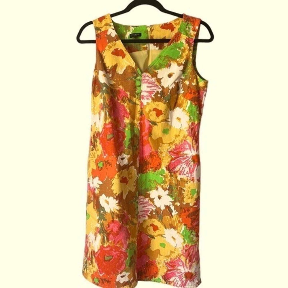 Talbots Floral‎ Shift Dress 8P Yellow Multicolor Excellent Sleeveless V-Neck